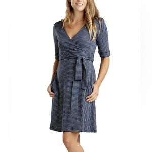 Toad & Co. Cue Wrap Cafe Dress Navy Blue White Striped Size M Organic Cotton